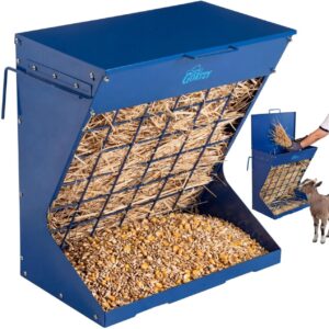 Wall Mount Hay Feeder for Goats 2 in 1 Covered Hay Rack and Grain Tray - BLUE
