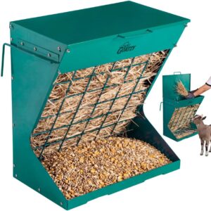 Wall Mount Hay Feeder for Goats 2 in 1 Covered Hay Rack and Grain Tray - GREEN
